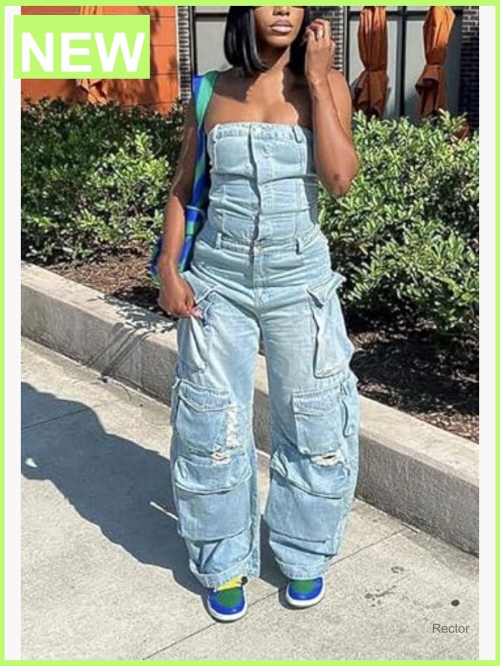 Cargo Denim Jumpsuit with Pockets, Stretch, Button Down - Picture 2 of 7